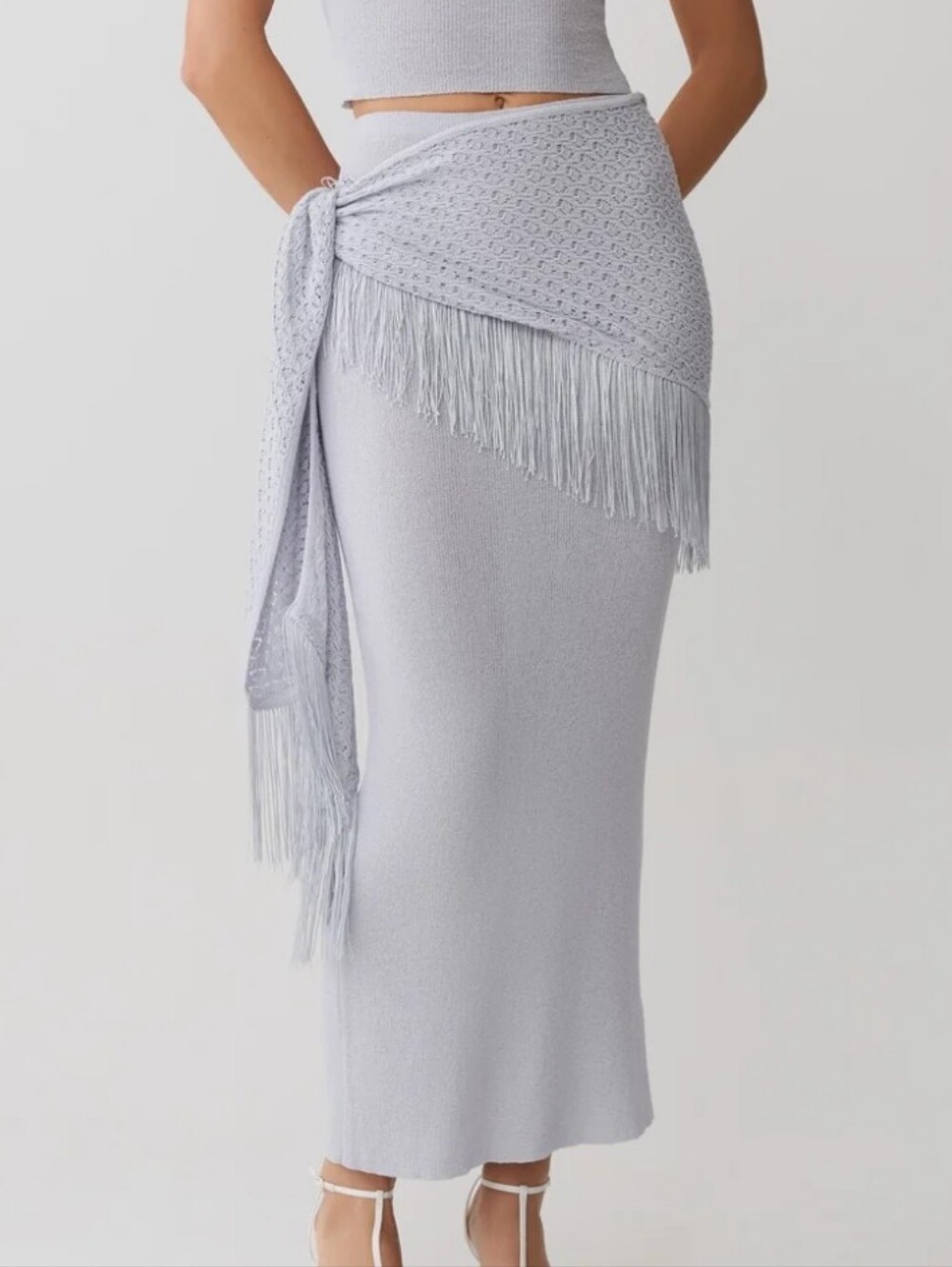 Meshki Jaytee Knit Maxi Skirt With Fringe Tie - Sky Blue- M